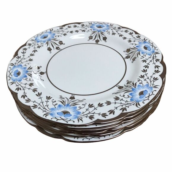 Rare Vintage Wedgwood Blue Lotus Flowers Set 6 Dinner Plates Silver Luster Trim - Picture 3 of 7